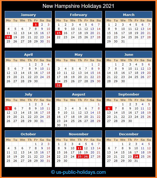 New Hampshire Holiday Calendar 2021